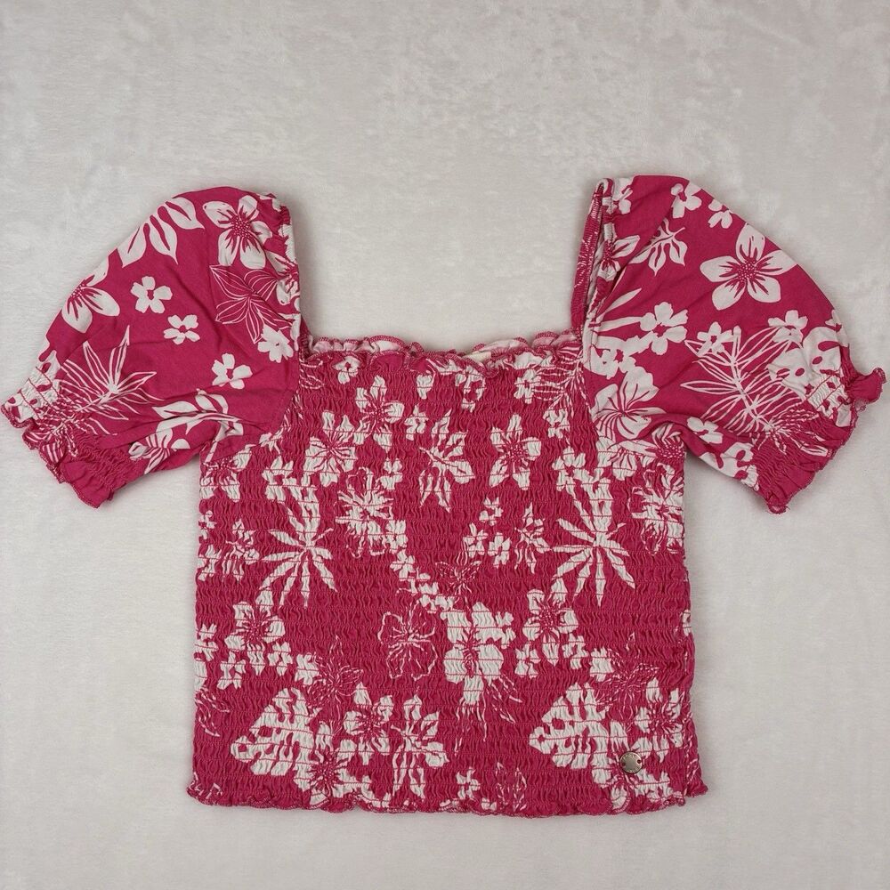 NEW Roxy Girl Smocked Cropped Shirt Size XL 14 Pink Floral Hawaiian Tropical